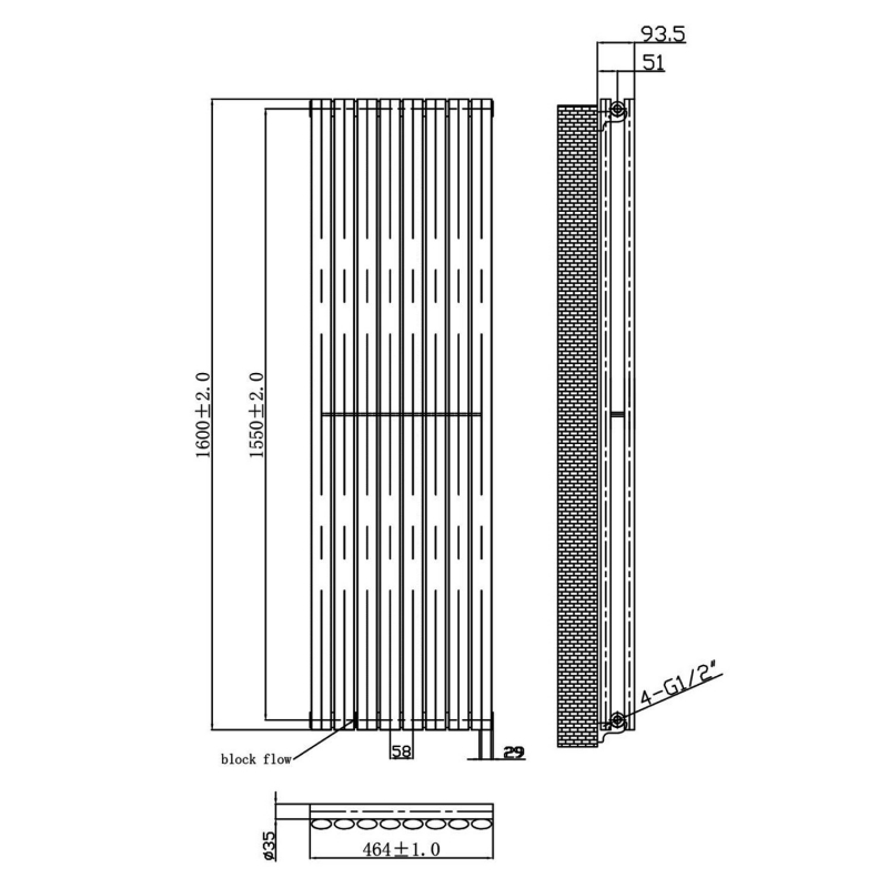 MaxHeat Saltash Double Vertical Radiator 1600mm High x 464mm Wide Anthracite