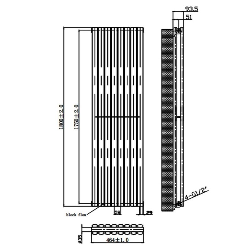 MaxHeat Saltash Double Vertical Radiator 1800mm High x 464mm Wide Black