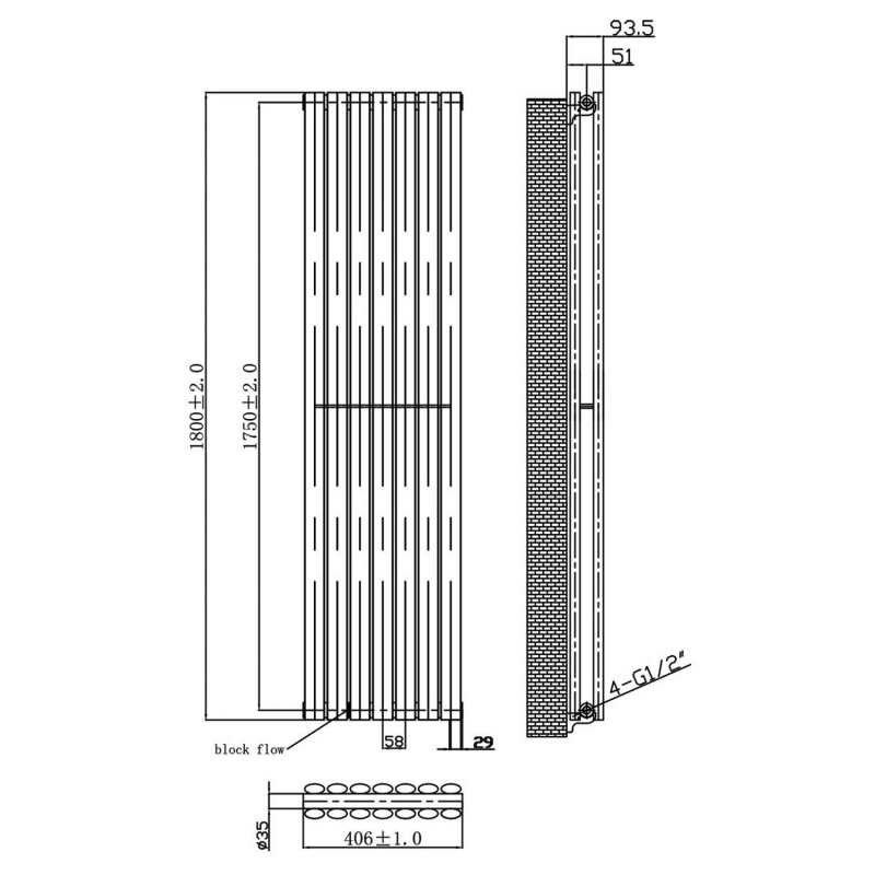 MaxHeat Saltash Double Designer Vertical Radiator 1800mm H x 406mm W Anthracite
