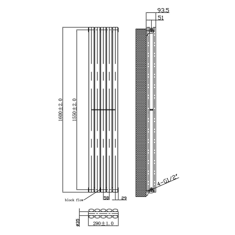 MaxHeat Saltash Double Vertical Radiator 1600mm High x 290mm Wide Black