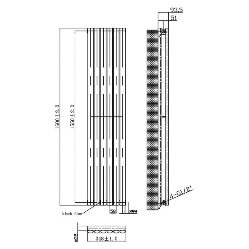 MaxHeat Saltash Double Designer Vertical Radiator 1600mm H x 348mm W Anthracite