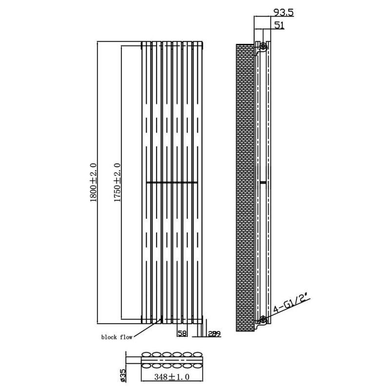 MaxHeat Saltash Double Vertical Radiator 1800mm High x 348mm Wide Black