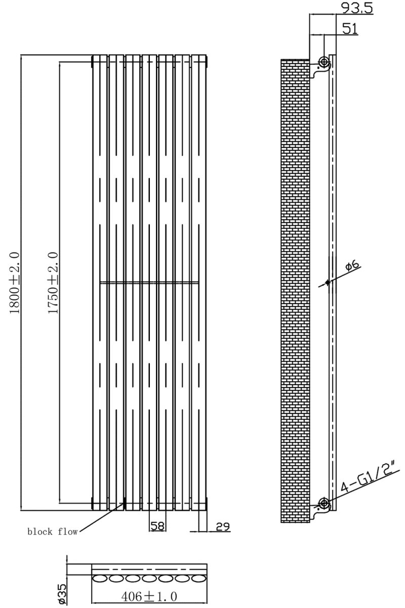 MaxHeat Saltash Single Designer Vertical Radiator 1800mm H x 406mm W Anthracite