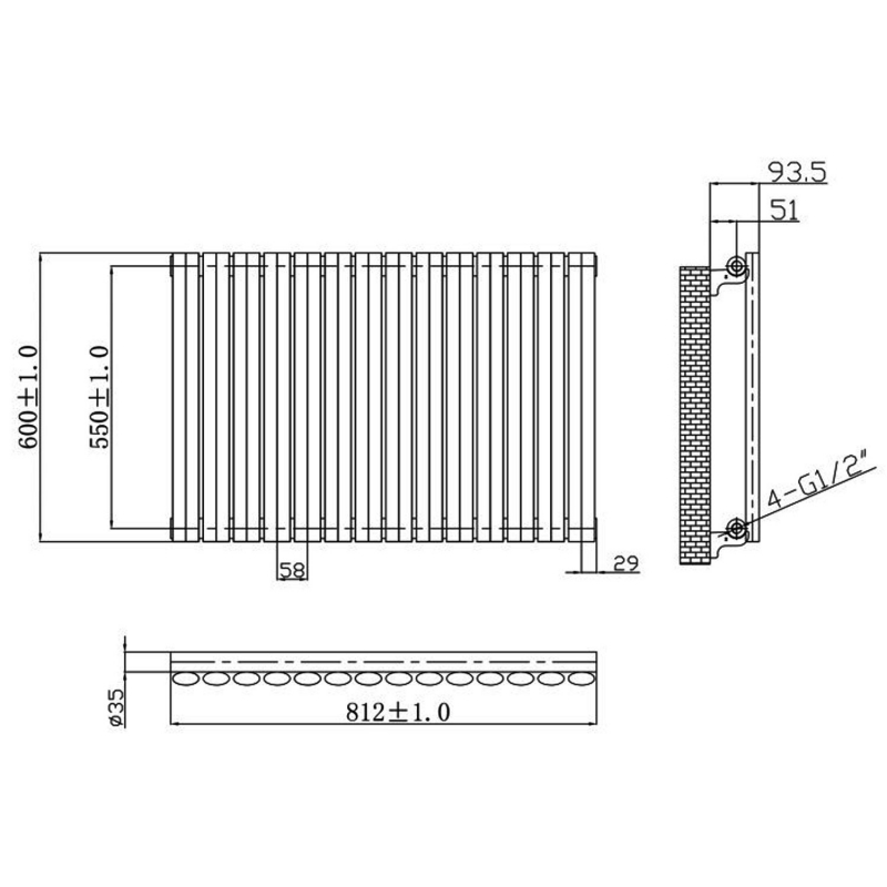 MaxHeat Saltash Single Designer Horizontal Radiator 600mm H x 812mm W White