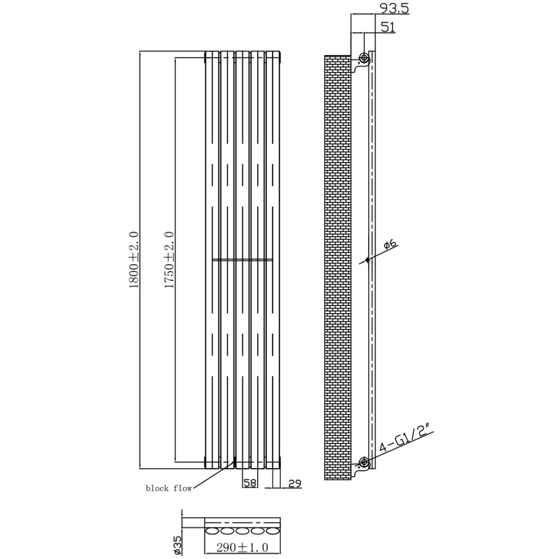 MaxHeat Saltash Single Vertical Radiator 1800mm High x 290mm Wide Black