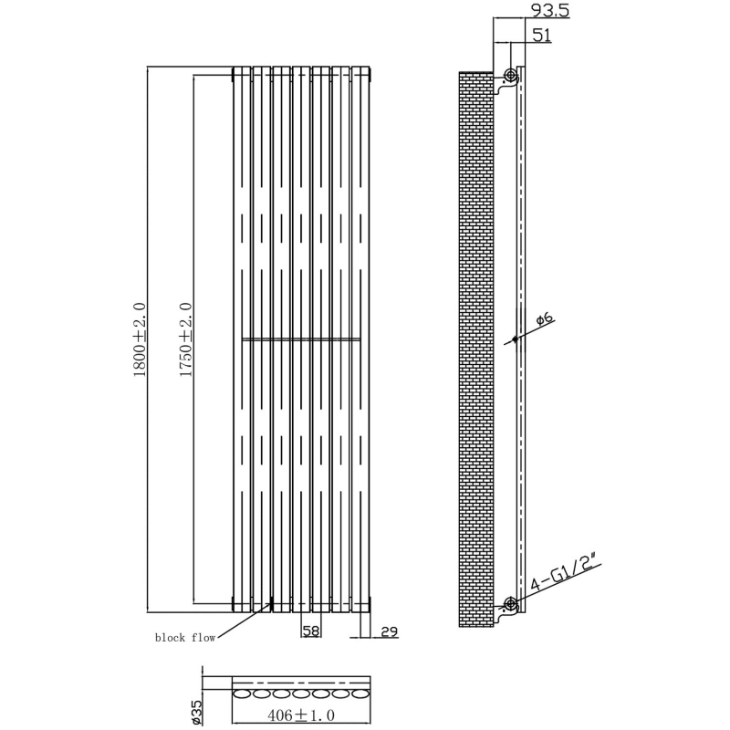 MaxHeat Saltash Single Vertical Radiator 1800mm High x 406mm Wide Black