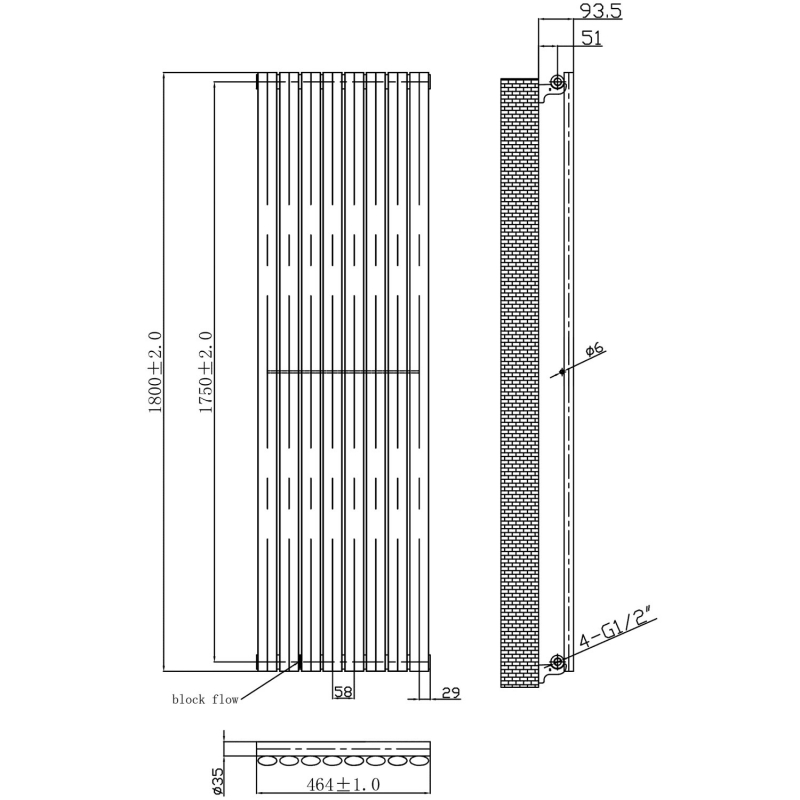 MaxHeat Saltash Single Designer Vertical Radiator 1800mm H x 464mm W White