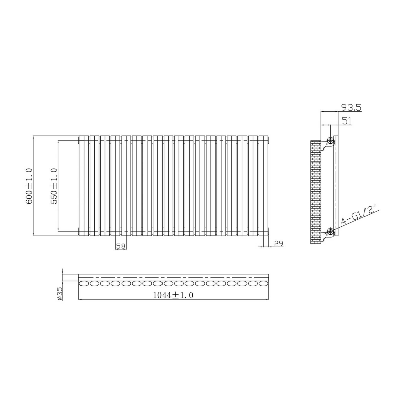 MaxHeat Saltash Single Horizontal Radiator 600mm High x 1044mm Wide Black