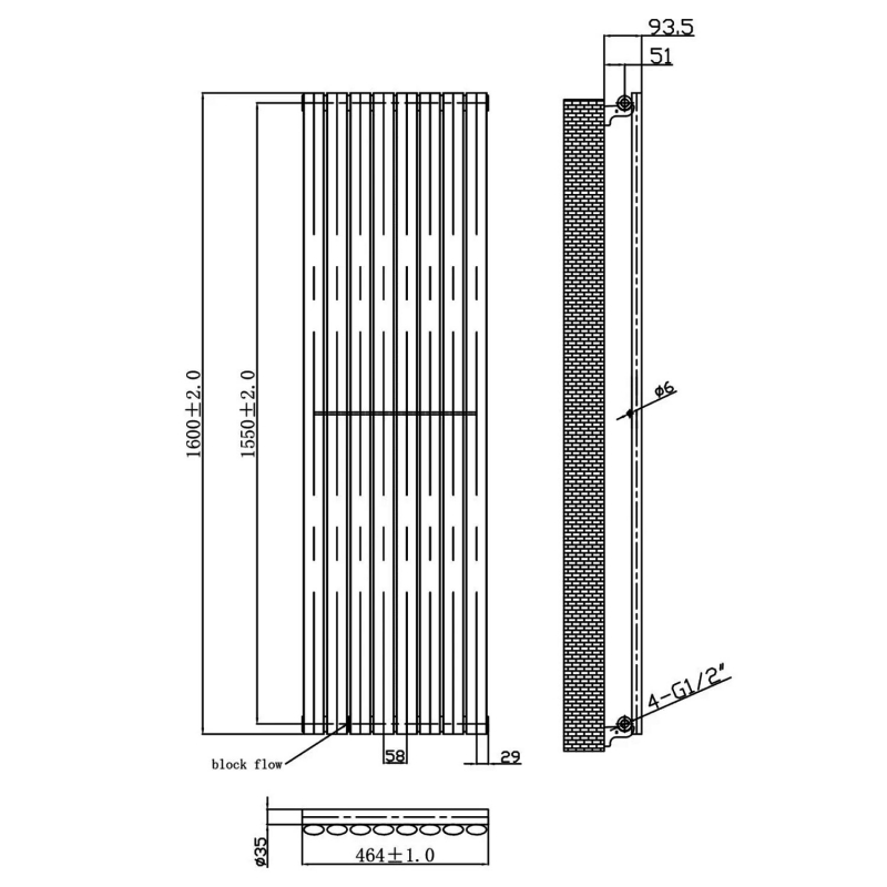 MaxHeat Saltash Single Vertical Radiator 1600mm High x 464mm Wide Anthracite