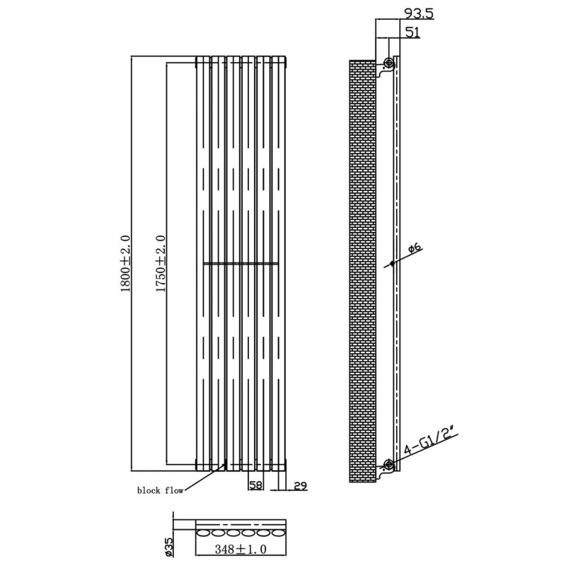 MaxHeat Saltash Single Designer Vertical Radiator 1800mm H x 348mm W Anthracite