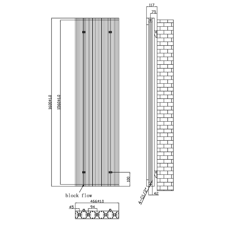 MaxHeat Stride Double Designer Vertical Radiator 1600mm H x 466mm W - Black