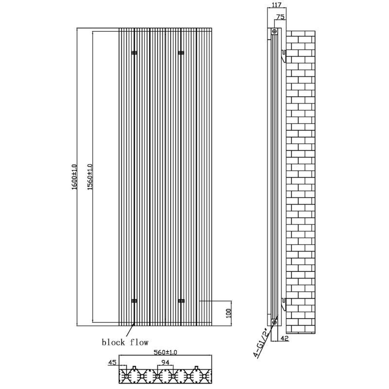 MaxHeat Stride Double Designer Vertical Radiator 1600mm H x 560mm W - Anthracite