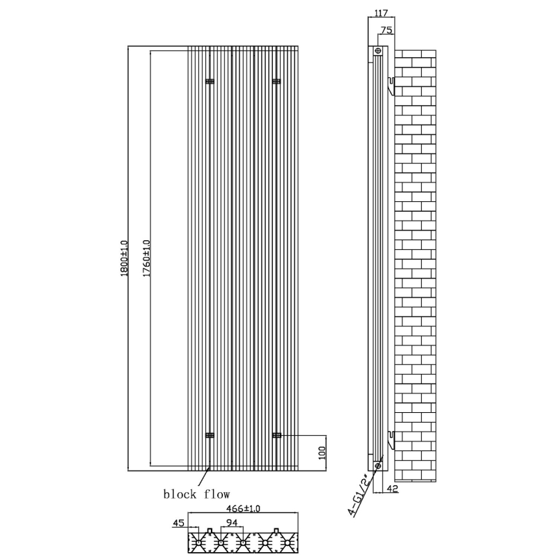 MaxHeat Stride Double Designer Vertical Radiator 1800mm H x 466mm W - Anthracite