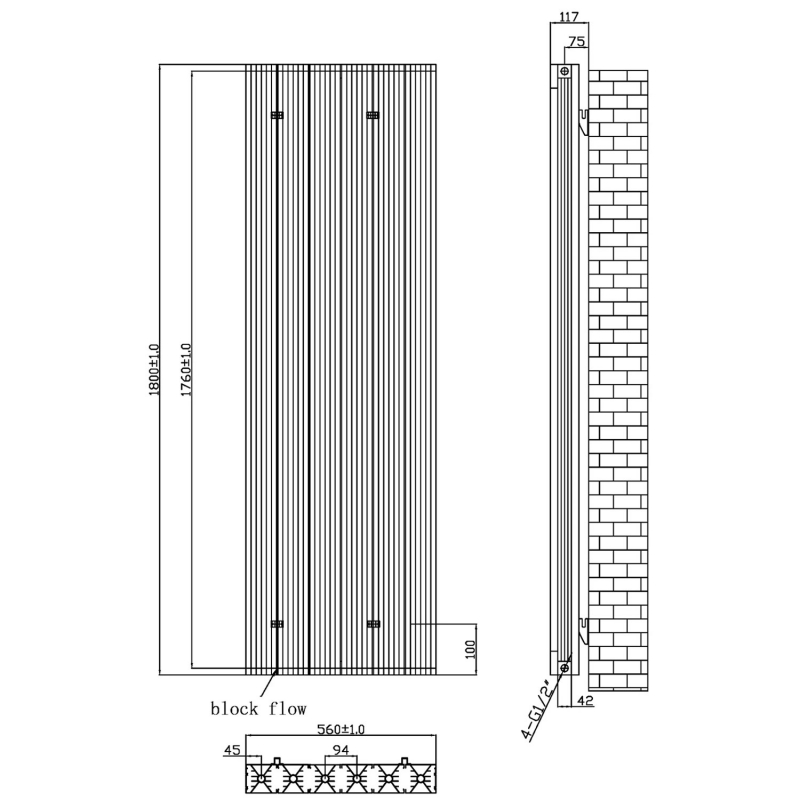 MaxHeat Stride Double Designer Vertical Radiator 1800mm H x 560mm W - Black