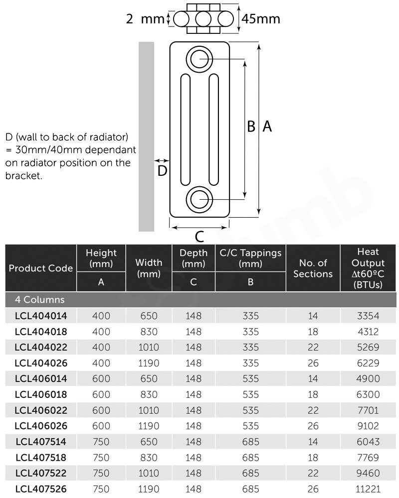 Prestige Tubular 4-Column Radiator 750mm H x 1190mm W 26 Sections - White