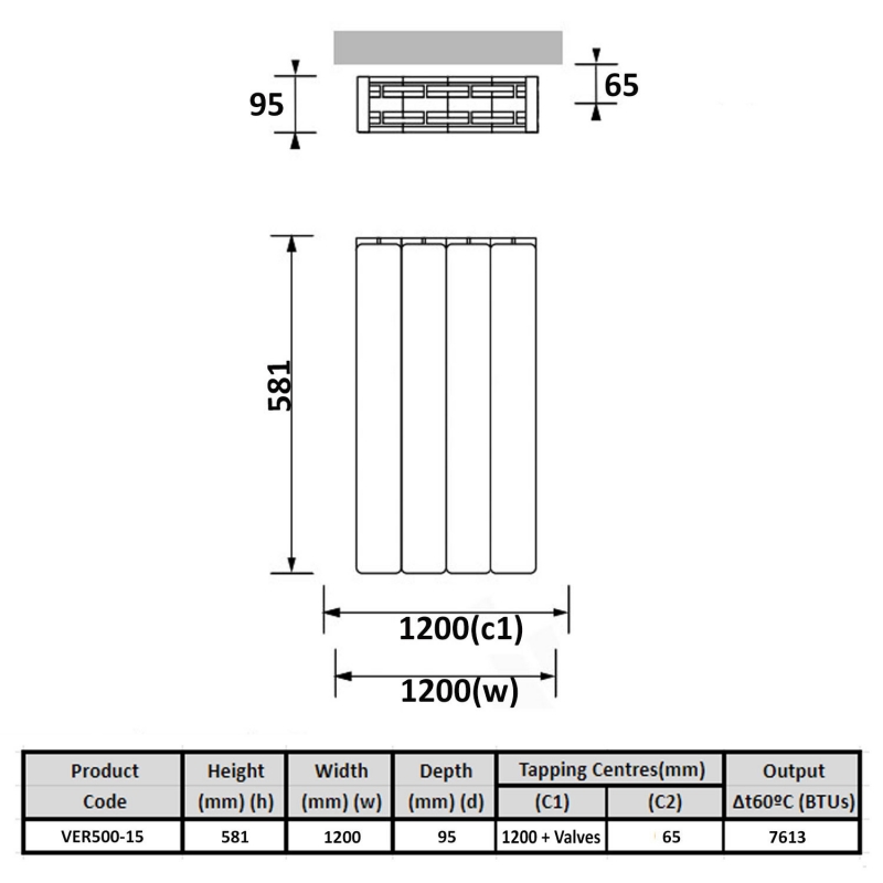 Prestige Vermont Aluminium Radiator 581mm H x 1200mm W White