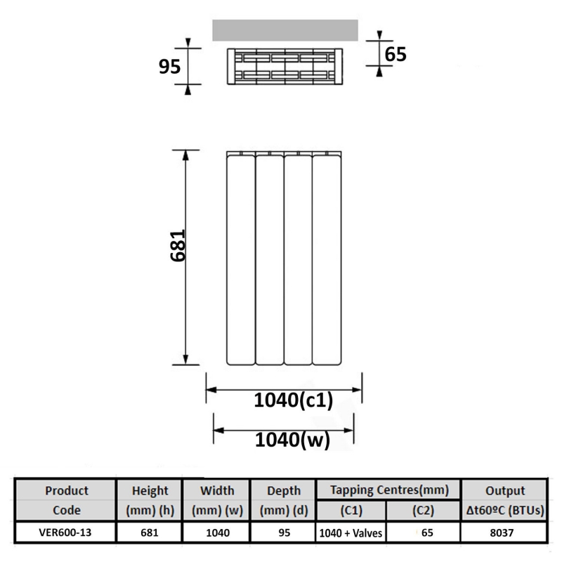 Prestige Vermont Aluminium Radiator 681mm H x 1040mm W White
