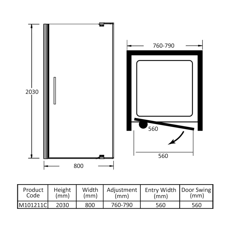 Merlyn 10 Series Pivot Shower Door 800mm Wide - 10mm Glass  | Dimension Image