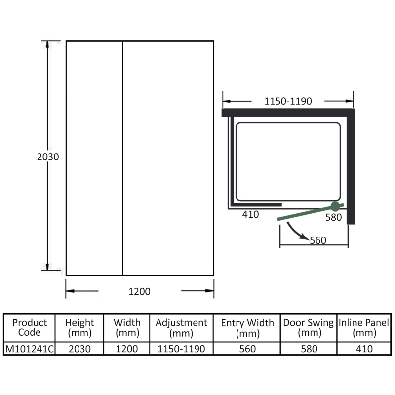 Merlyn 10 Series Inline Pivot Shower Door 1200mm Wide - 10mm Glass