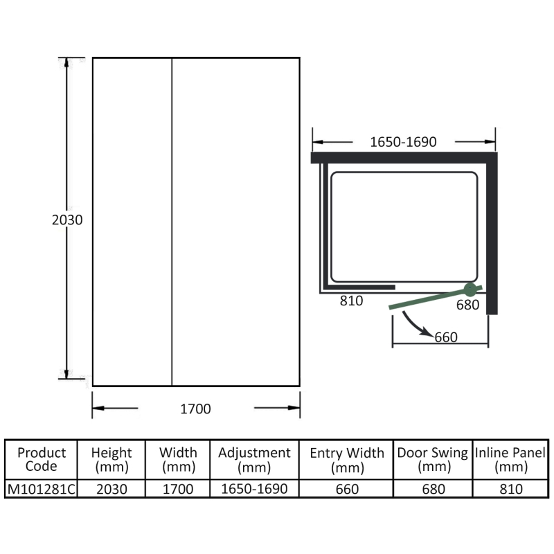Merlyn 10 Series Inline Pivot Shower Door 1700mm Wide - 10mm Glass  | Dimension Image