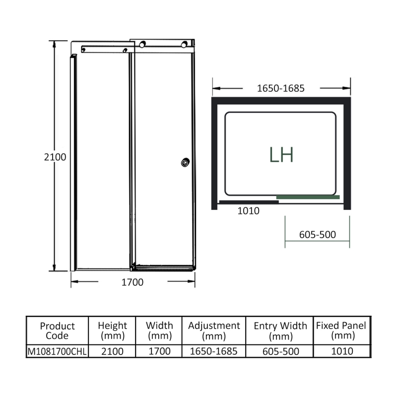 Merlyn 10 Series Sliding Shower Door 1700mm Wide LH - 10mm Glass