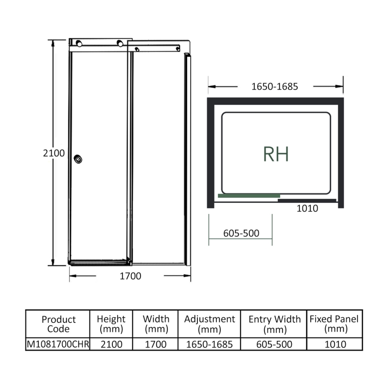 Merlyn 10 Series Sliding Shower Door 1700mm Wide RH - 10mm Glass  | Dimension Image