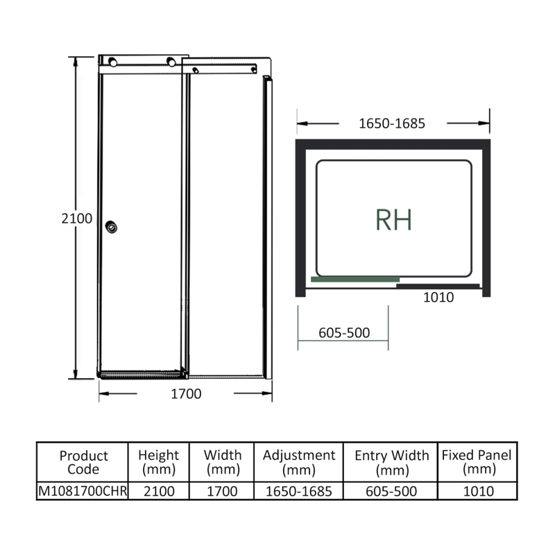 Merlyn 10 Series Sliding Shower Door 1700mm Wide RH - 10mm Glass