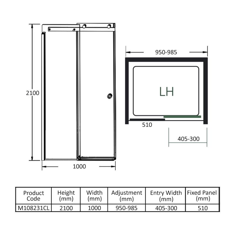 Merlyn 10 Series Sliding Shower Door 1000mm Wide LH - 10mm Glass  | Dimension Image