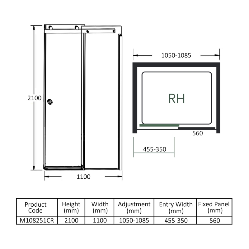 Merlyn 10 Series Sliding Shower Door 1100mm Wide RH - 10mm Glass