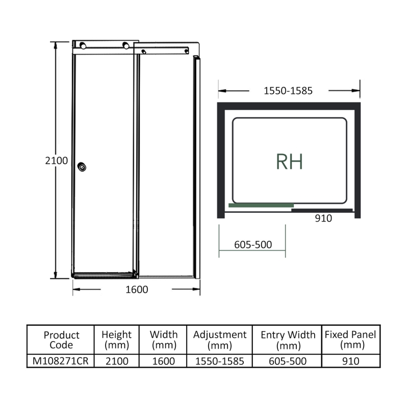 Merlyn 10 Series Sliding Shower Door 1600mm Wide RH - 10mm Glass  | Dimension Image