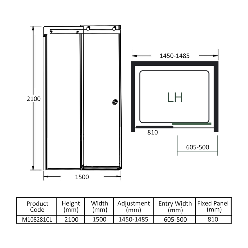 Merlyn 10 Series Sliding Shower Door 1500mm Wide LH - 10mm Glass  | Dimension Image