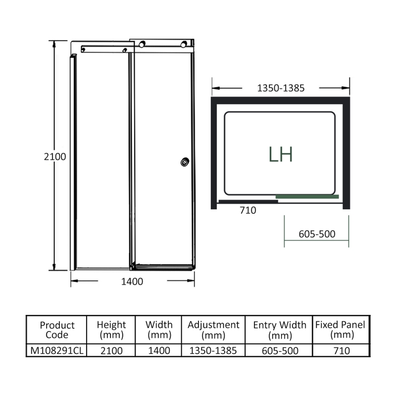 Merlyn 10 Series Sliding Shower Door 1400mm Wide LH - 10mm Glass  | Dimension Image