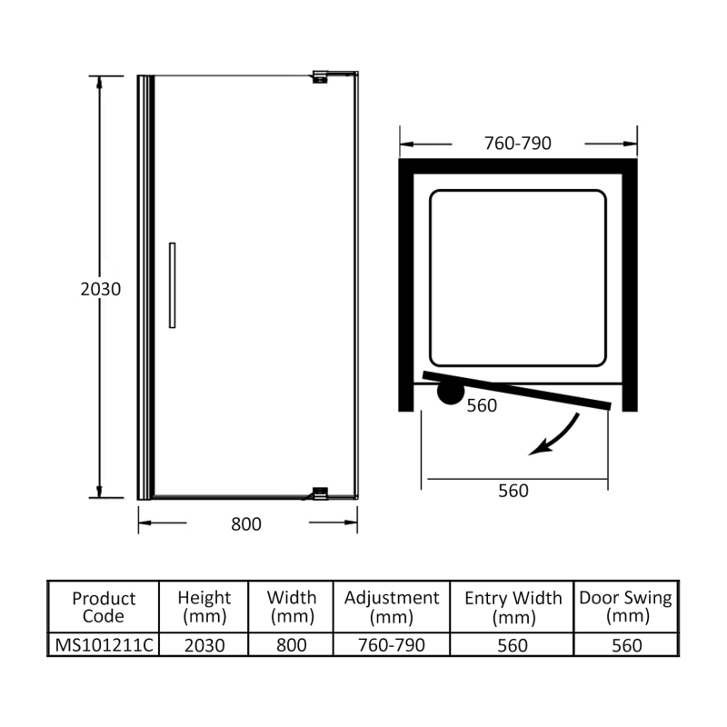 Merlyn 10 Series Pivot Shower Door with Tray 800mm Wide - 10mm Glass