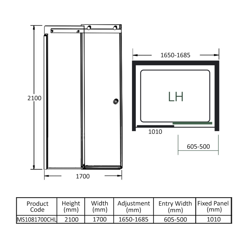 Merlyn 10 Series Sliding Shower Door with Tray 1700mm LH - 10mm Glass