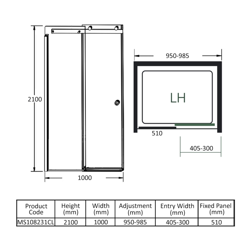 Merlyn 10 Series Sliding Shower Door with Tray 1000mm LH - 10mm Glass