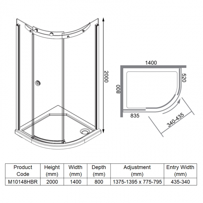 Merlyn 10 Series Offset Quadrant Shower Enclosure with Tray 1400mm x 800mm RH - 10mm Glass