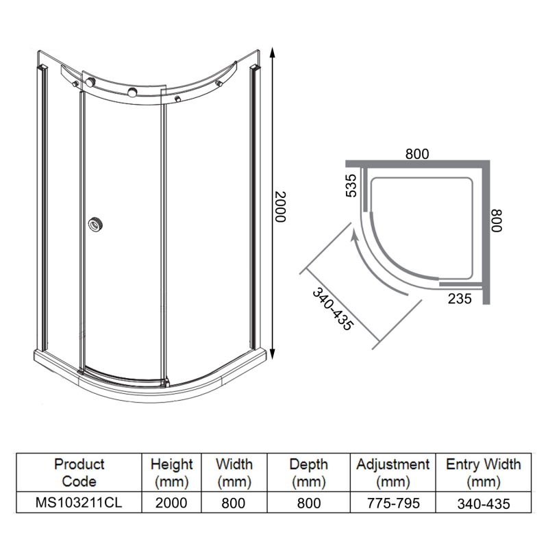 Merlyn 10 Series Quadrant Shower Enclosure with Tray 800mm x 800mm LH - 10mm Glass
