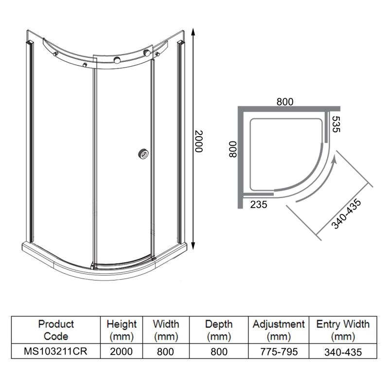 Merlyn 10 Series Quadrant Shower Enclosure with Tray 800mm x 800mm RH - 10mm Glass