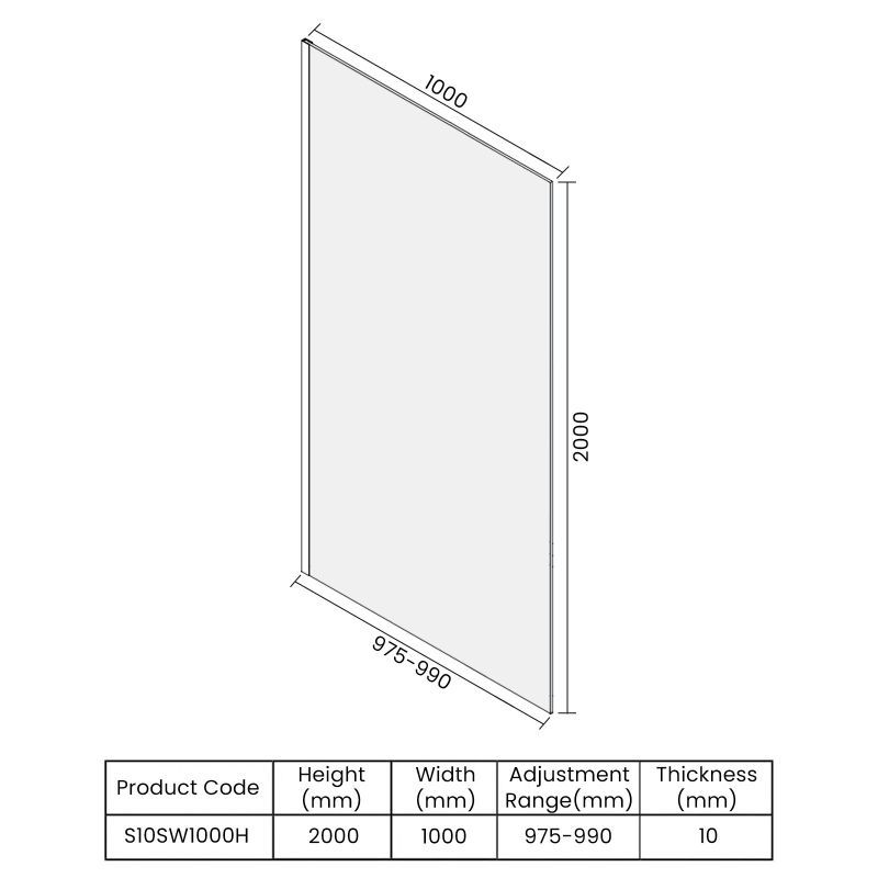 Merlyn 10 Series Wet Room Glass Panel with Wall Profile and Stabilising Bar - 1000mm Wide - 10mm Glass