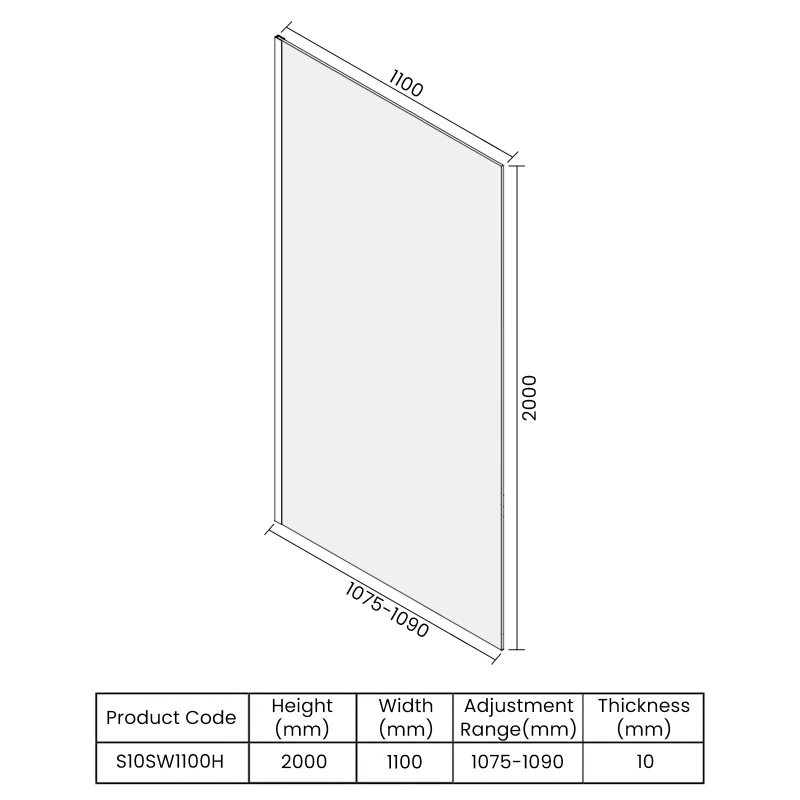 Merlyn 10 Series Wet Room Glass Panel with Wall Profile and Stabilising Bar - 1100mm Wide - 10mm Glass