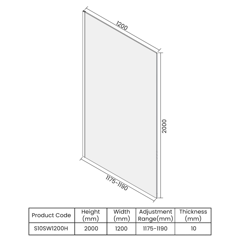 Merlyn 10 Series Wet Room Glass Panel with Wall Profile and Stabilising Bar - 1200mm Wide - 10mm Glass  | Dimension Image