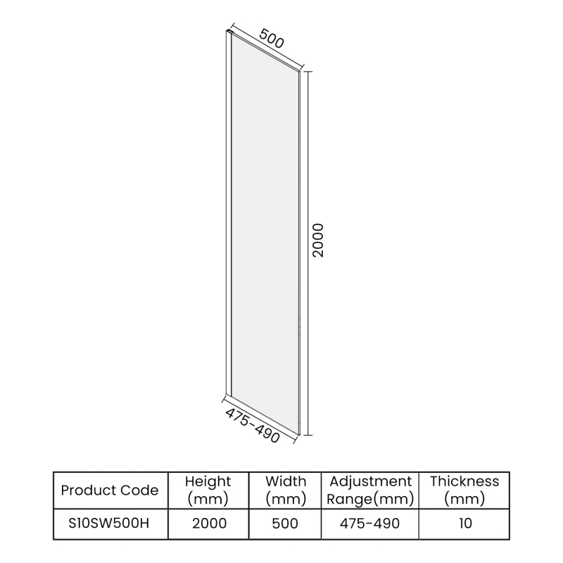 Merlyn 10 Series Wet Room Glass Panel with Wall Profile and Stabilising Bar 500mm Wide - 10mm Glass
