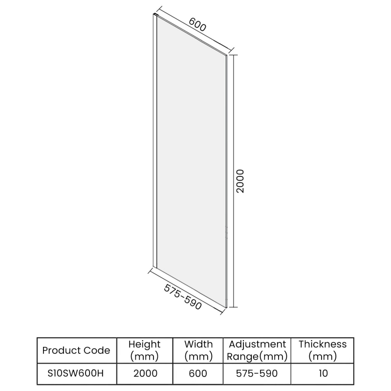 Merlyn 10 Series Wet Room Glass Panel with Wall Profile and Stabilising Bar 600mm Wide - 10mm Glass