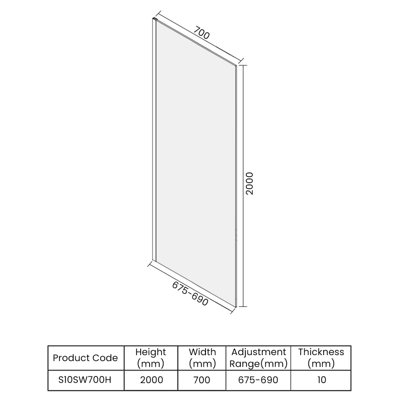 Merlyn 10 Series Wet Room Glass Panel with Wall Profile and Stabilising Bar 700mm Wide - 10mm Glass  | Dimension Image