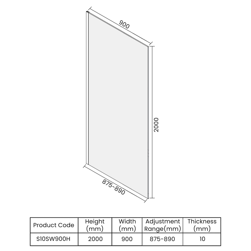 Merlyn 10 Series Wet Room Glass Panel with Wall Profile and Stabilising Bar 900mm Wide - 10mm Glass  | Dimension Image