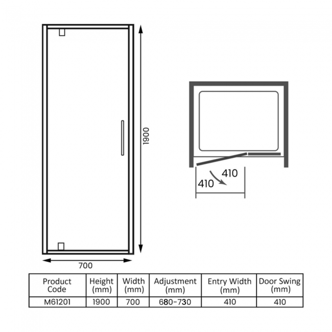 Merlyn 6 Series Pivot Shower Door 700mm Wide - 8mm Glass  | Dimension Image