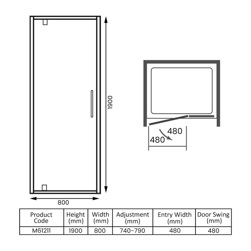 Merlyn 6 Series Pivot Shower Door 760/800mm Wide - 8mm Glass  | Dimension Image