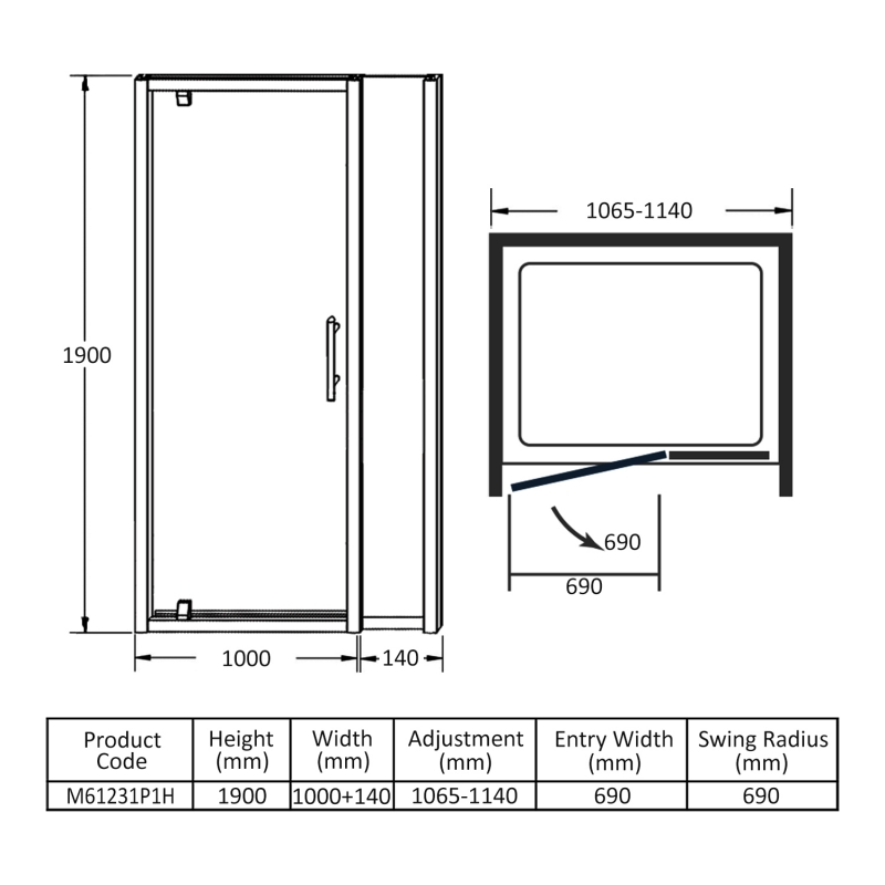 Merlyn 6 Series Inline Pivot Shower Door 1100mm+ Wide - 8mm Glass  | Dimension Image