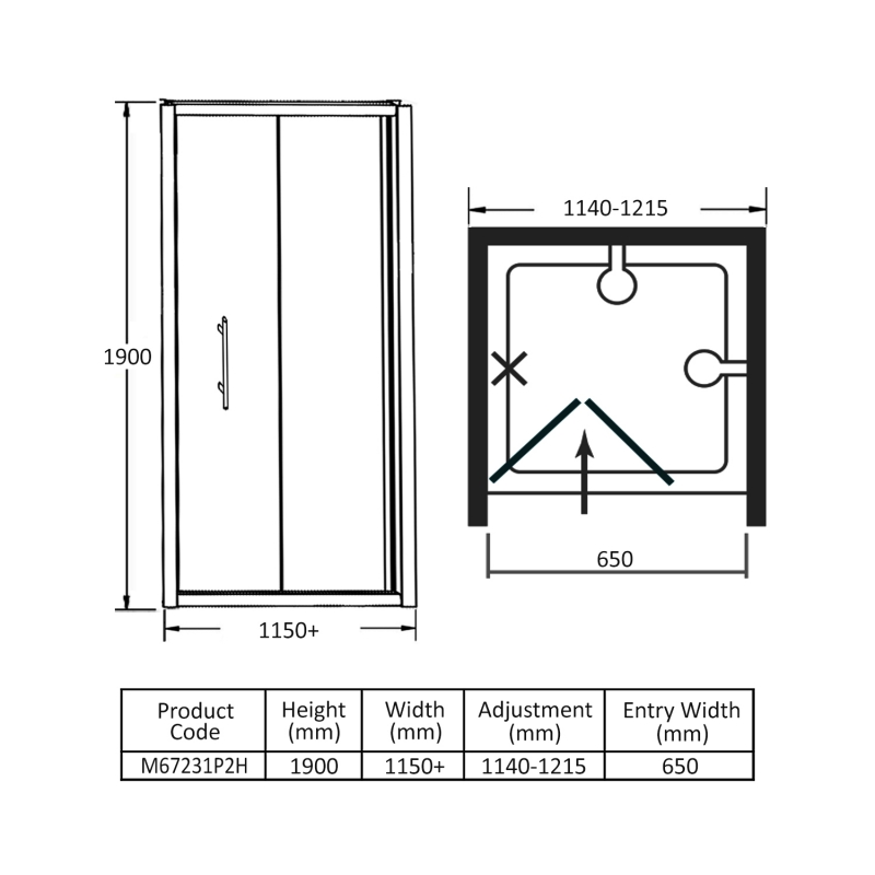 Merlyn 6 Series Inline Bi-Fold Shower Door 1150mm+ Wide - 6mm Glass  | Dimension Image