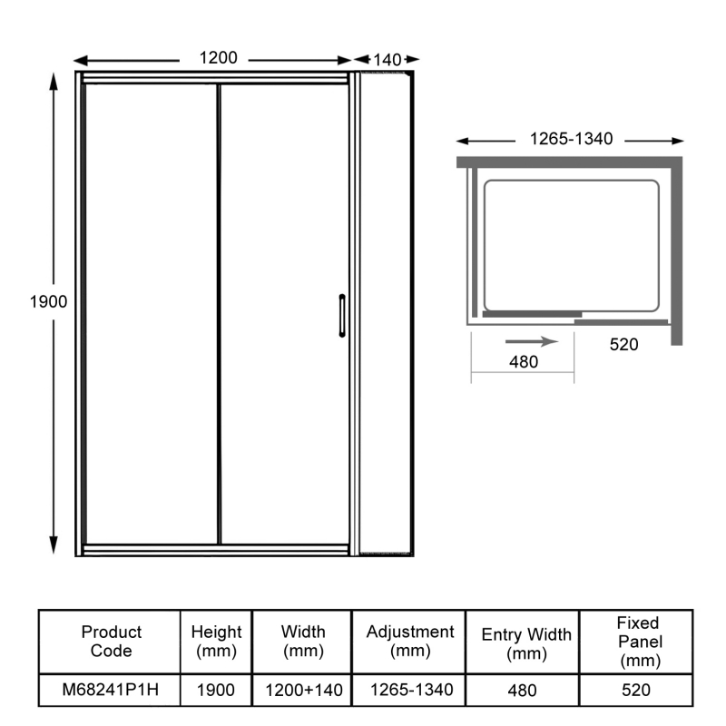 Merlyn 6 Series Inline Sliding Shower Door 1300mm+ Wide - 6mm Glass  | Dimension Image